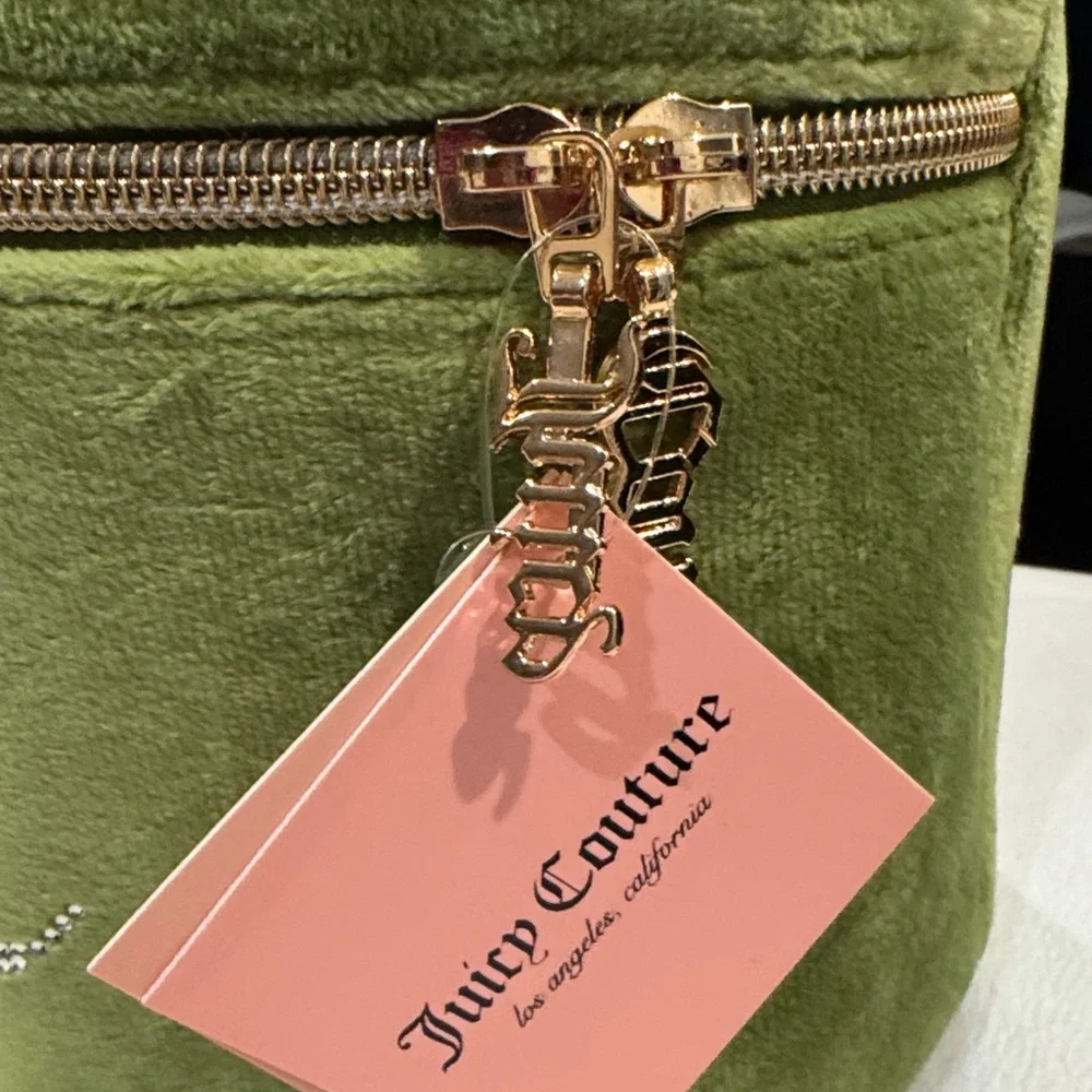 Juicy Couture Terry Train Green Velvet Cosmetic Bag with Pink Accents NWT - Picture 3 of 7